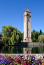 Blooming Flowers at Clock Tower Riverfront Royalty Free Stock Photo