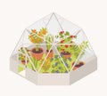 Blooming flowers and potted flowering plants growing inside glass dome greenhouse. Modern glasshouse or orangery