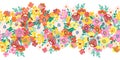Blooming flowers seamless vector border. A lot of florals in pink, yellow, orange, blue repeating horizontal pattern Royalty Free Stock Photo