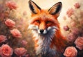 Blooming Fox: Realistic Sunset Artwork Rose Flower Fox