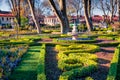 Blooming fresh flowers in Gulhane Rosehouse park, Istanbul. Captivating spring scene of Turkey, Europe.