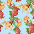 Blooming fruit flower of pomegranate tree in seamless pattern