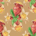 Blooming fruit flower of pomegranate tree in seamless pattern