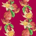 Blooming fruit flower of pomegranate tree in seamless pattern