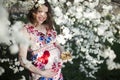 Blooming garden, Beautiful pregnant woman Royalty Free Stock Photo