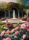 blooming garden of pink roses with fountain