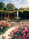 blooming garden of pink roses with fountain Royalty Free Stock Photo