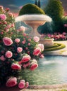 blooming garden of pink roses with fountain