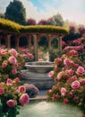 blooming garden of pink roses with fountain