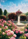 blooming garden of pink roses with fountain Royalty Free Stock Photo