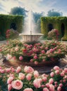 blooming garden of pink roses with fountain