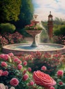 blooming garden of pink roses with fountain Royalty Free Stock Photo