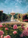 blooming garden of pink roses with fountain