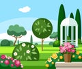 A blooming garden with a white gazebo, coloured illustrations. Royalty Free Stock Photo