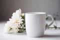 Blooming Good Coffee, Blank White 15 oz Coffee Mug Mockup with Beautiful Flowers in Background anf Bokeh - Generative AI