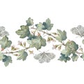 Blooming gooseberry branch, flowers and butterfly seamless horizontal pattern.