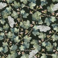 Blooming gooseberry branch, flowers and butterfly seamless pattern on black background. Hand drawn watercolor