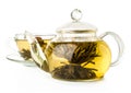 Blooming green tea in glass teapot Royalty Free Stock Photo