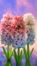 Blooming hyacinth flowers with drops of water close-up background.