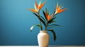 Blooming indoor exotic plant Strelitzia in flower pot in a lighted room. AI generated.