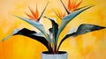 Blooming indoor exotic plant Strelitzia in flower pot in a lighted room. AI generated.