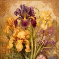 Watercolor blooming iris flowers in an Art Nouveau patterned frame.