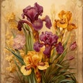 Watercolor blooming iris flowers in an Art Nouveau patterned frame.