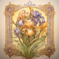 Watercolor blooming iris flowers in an Art Nouveau patterned frame.