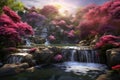 Blooming Japanese flower garden with waterfall