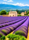 Blooming lavender against the backdrop of houses of blue mountains and blue sky