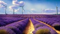 blooming lavender field with wind farm