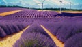 blooming lavender field with wind farm