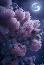 blooming lilac bush at fullmoon night