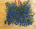 Blooming Lobelia in a pot on the wall. Original painting, oil on canvas 40 x 50 cm. Brush strokes