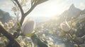 Blooming magnolia, mountain valley sunrise, spring Royalty Free Stock Photo