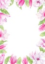 Blooming magnolia watercolor hand drawn raster frame template