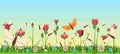 Blooming meadow with grass and flowers. Landscape with the sky. Cartoon style. Fabulous illustration. Background picture Royalty Free Stock Photo