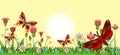 Blooming meadow with grass and flowers. Landscape with sky and sun. Cartoon style. Fabulous illustration. Background Royalty Free Stock Photo