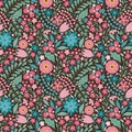 Blooming midsummer meadow seamless pattern. Floral background of colorful flowers, buds, leaves, stems. Lot of different