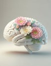 Blooming mind conceptual background. Human brain with flowers growing on it. Creative intellect surreal concept