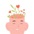 Blooming mind. Positive mental beauty human with flower inside head, mindfulness and healing brain, happy and wellbeing