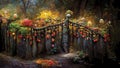Blooming old garden, autumn evening park, beautifully lit by cozy lamps, romantic painting, red roses, digital art