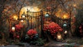 Blooming old garden, autumn evening park, beautifully lit by cozy lamps, romantic painting, red roses, digital art