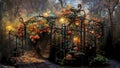 Blooming old garden, autumn evening park, beautifully lit by cozy lamps, romantic painting, red roses, digital art