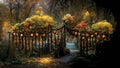 Blooming old garden, autumn evening park, beautifully lit by cozy lamps, romantic painting, red roses, forged fence