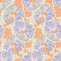 Blooming orange purple mallow flower garden seamless repeat vector pattern background for fabric, scrapbooking