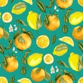 Blooming oranges and lemons on the seamles pattern in realistic