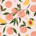 Blooming Peach Branch and leaves seamless pattern. Vector illustration in trendy retro style