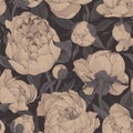 Blooming peonies seamless pattern in beige and gray colors