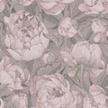 Blooming peonies seamless pattern in pastel pink colors